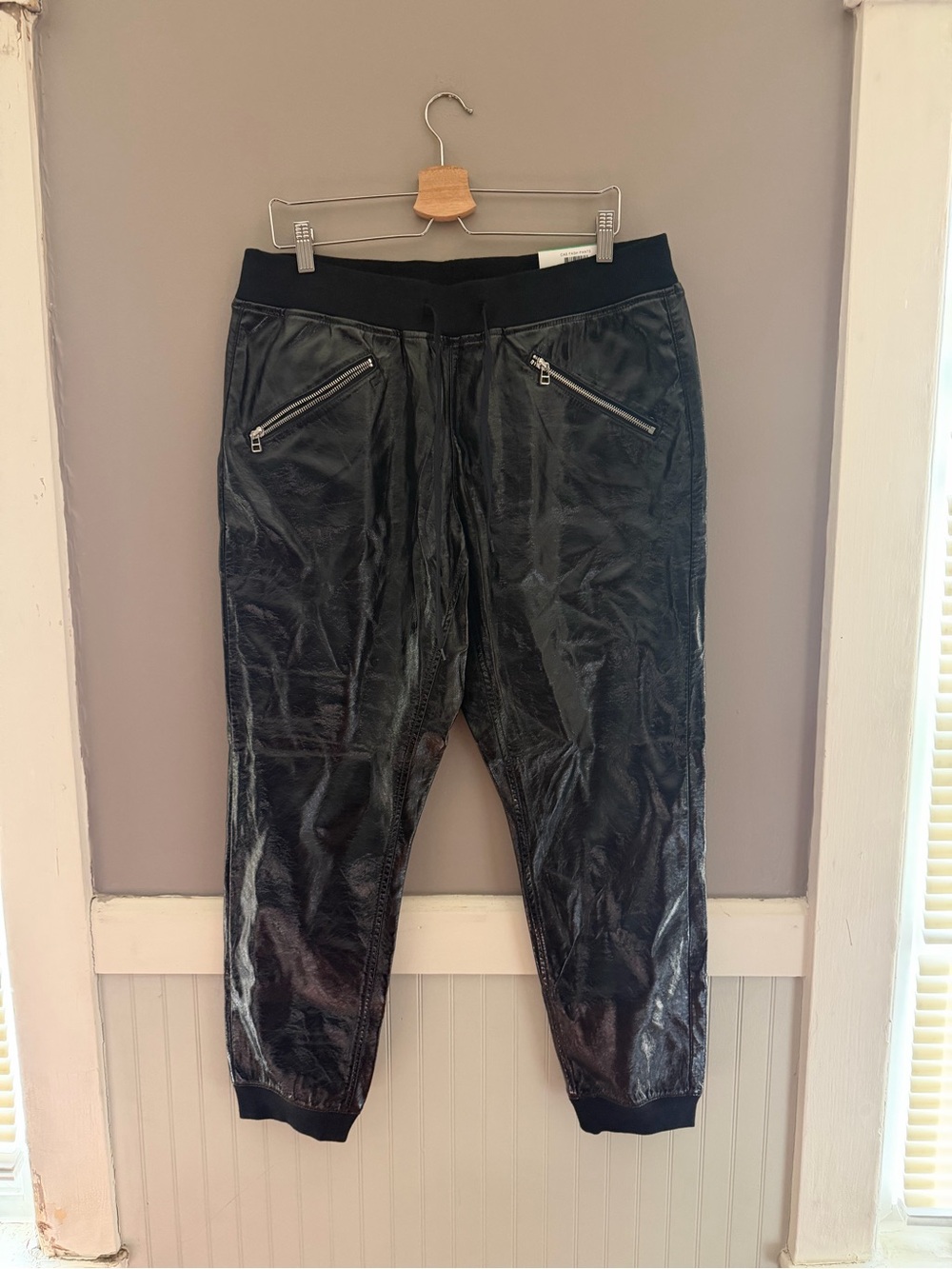 NWT INC International Concepts Black Faux Leather Joggers with Zip Pockets